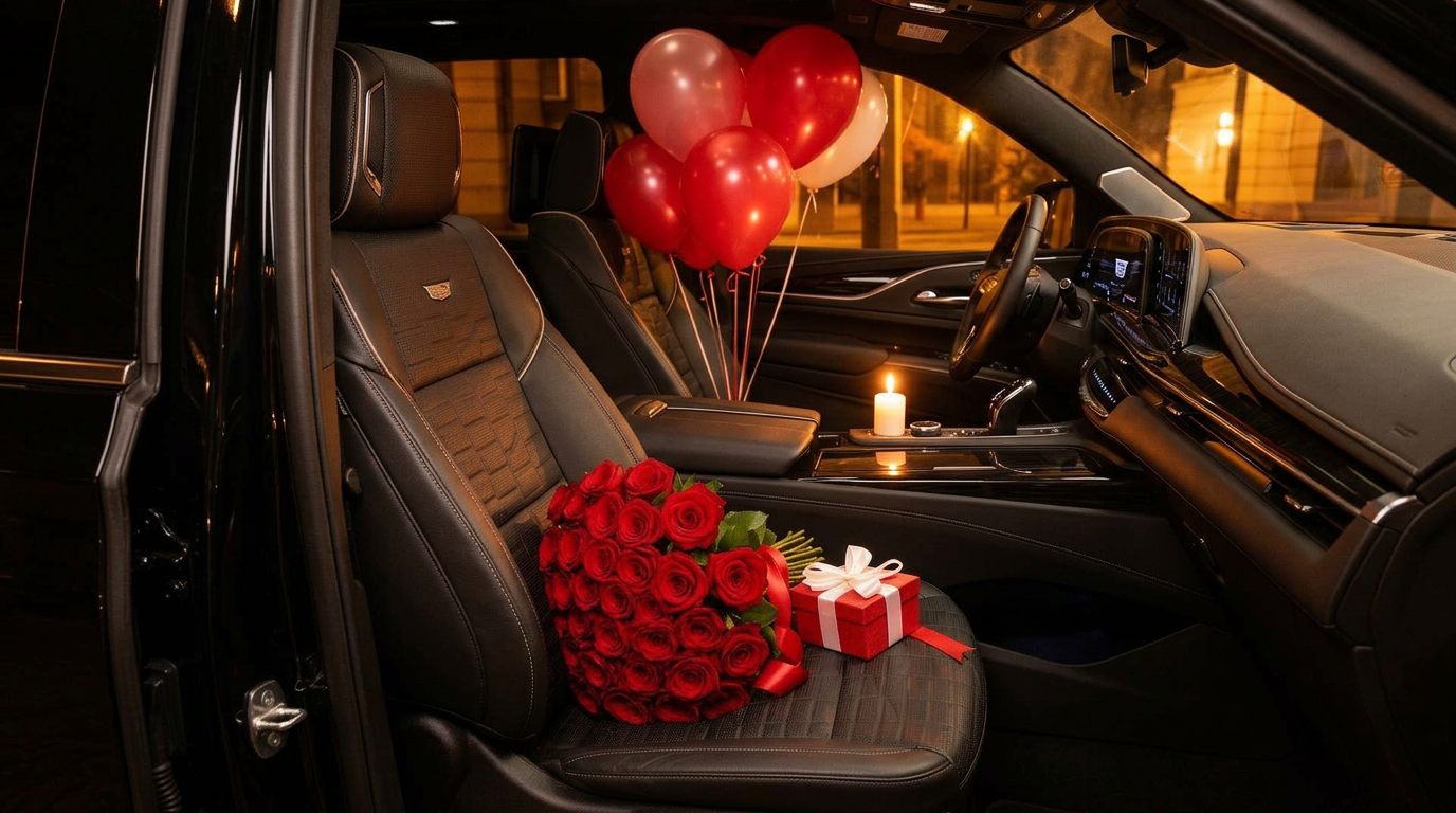 Cadillac Escalade interior with red roses, balloons, and a gift