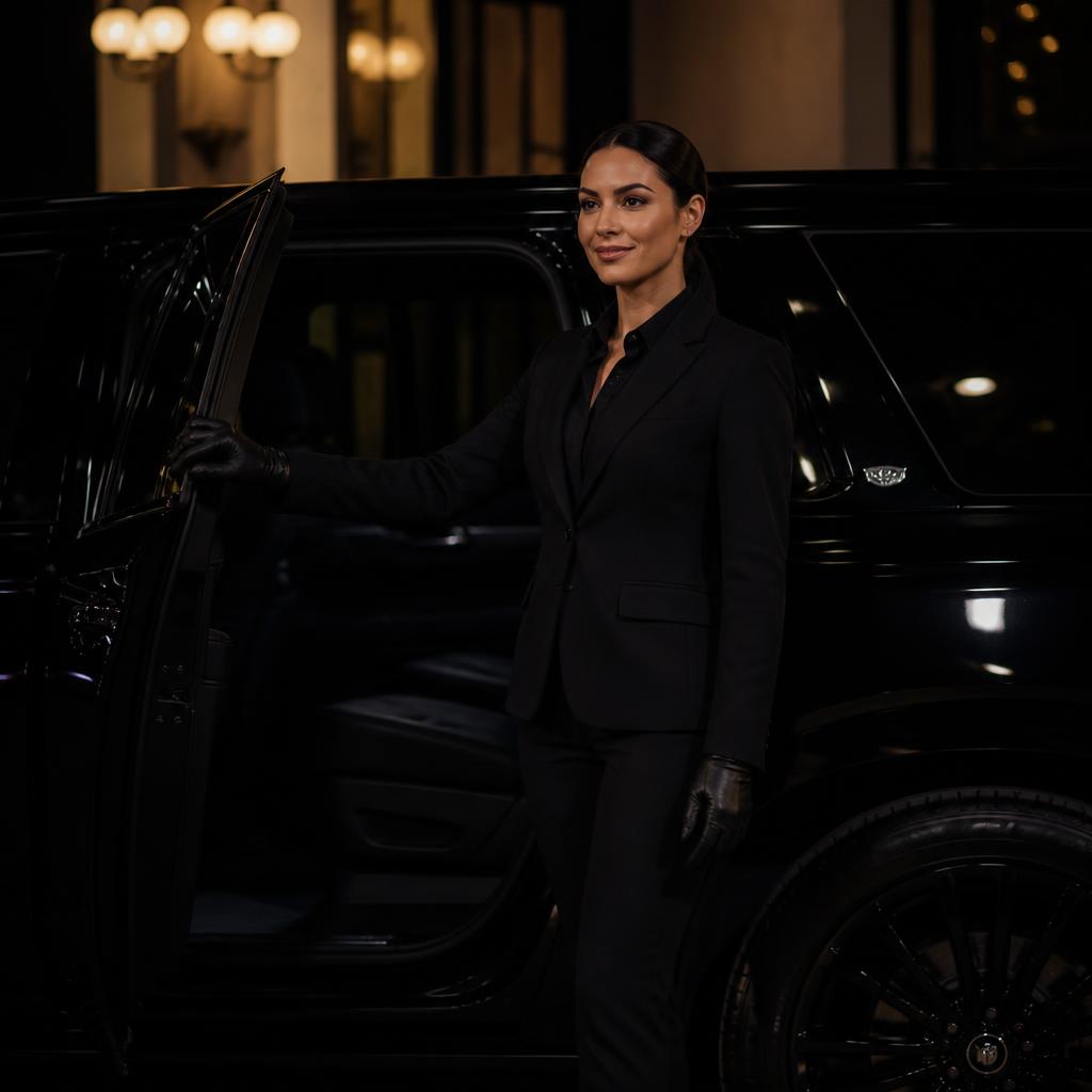 Professional chauffeur opening the door of a black Cadillac Escalade