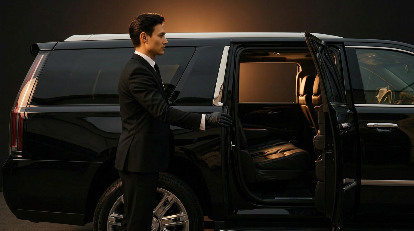 Professional chauffeur opening the door of a black Cadillac Escalade